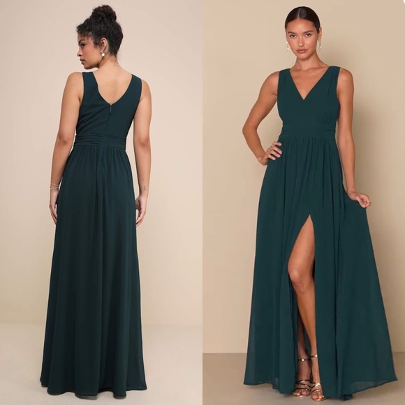NWT LULUS Emerald Chiffon Sleeveless V-Neck Wedding Guest Dress Formal Gown XL‎ - Picture 4 of 11